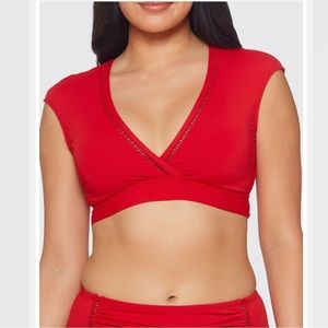 NWT Bleu Rod Beattie Behind The Seams Red Cap Sleeve Surplice Swim Top Size 12